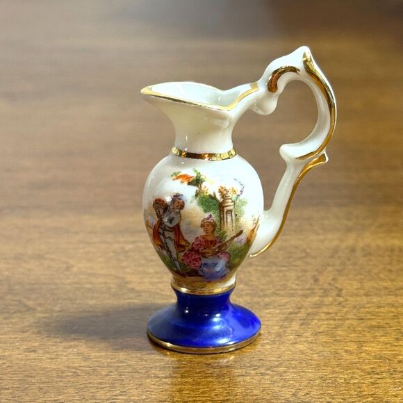 Vintage Limoges Pitcher Vase Floral Porcelain White Gold Trim 2" Dollhouse - Picture 1 of 5